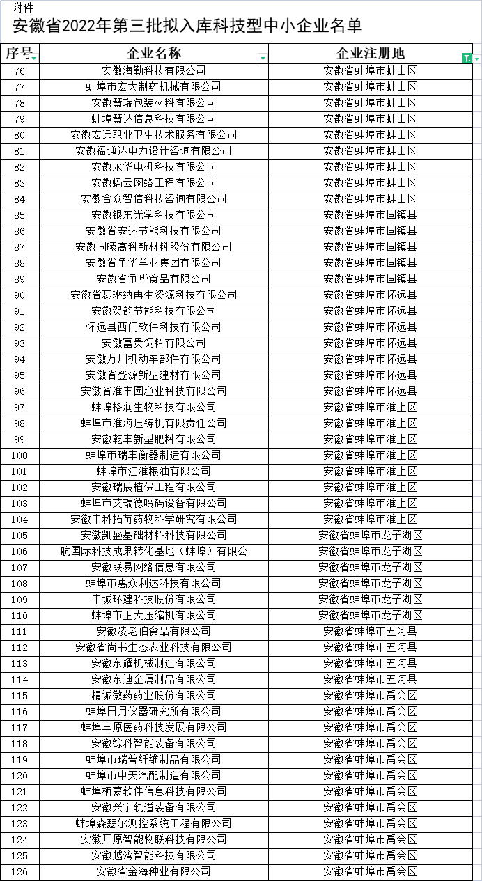 蚌埠市科技型中小企业名单